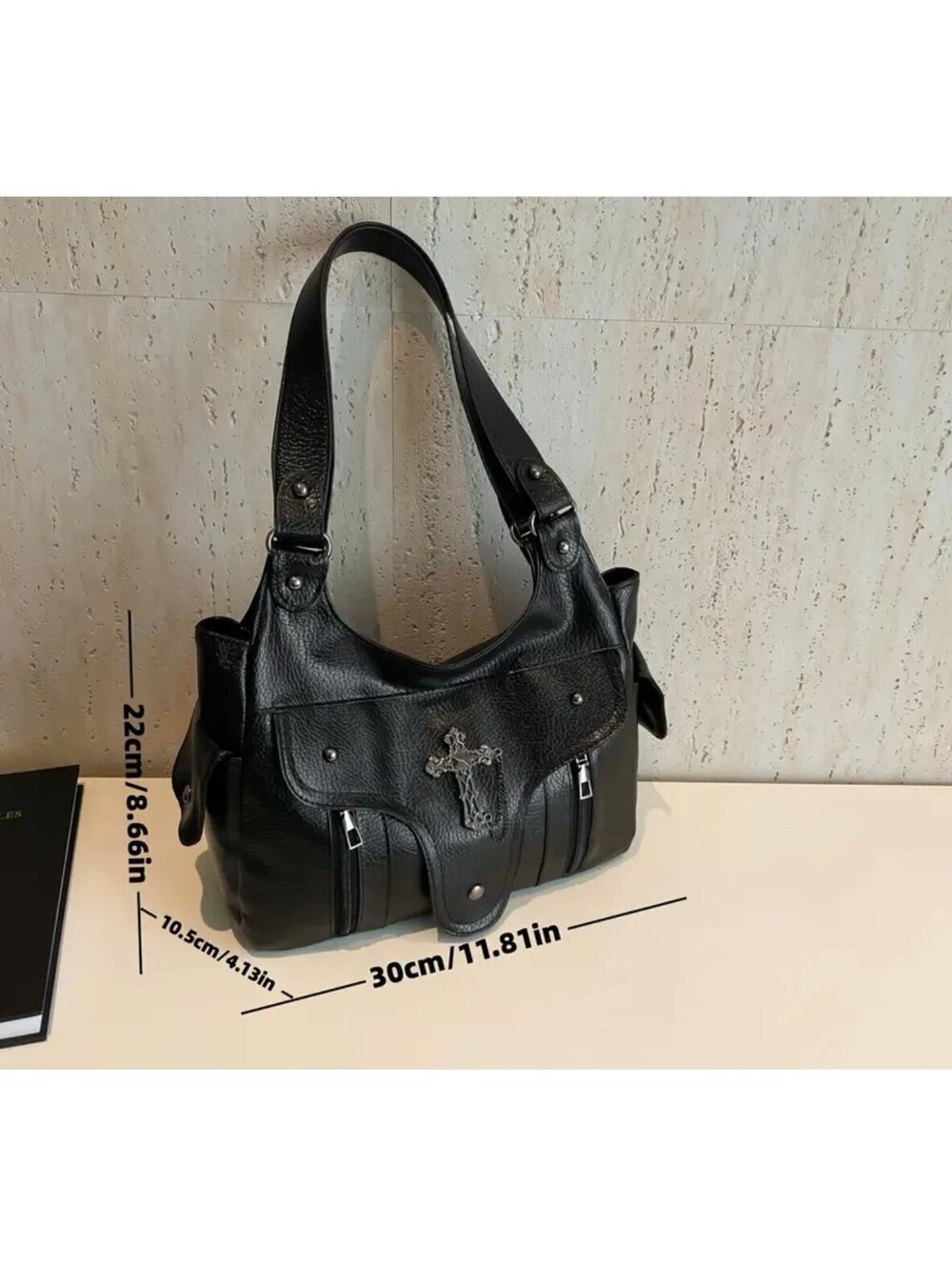 New -Chic -Vintage Inspired Y2K Faux Leather Shoulder Bag w/Cross Accents -Black - Picture 2 of 7